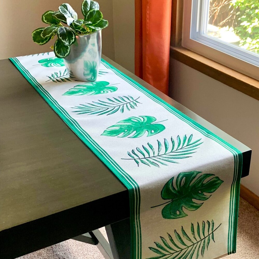 72" Table Runner Green Beige Tropical Leaves Monstera Leaf Palm Frond New